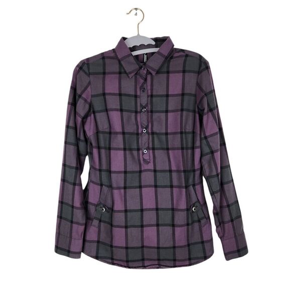 Kuhl Tops - KUHL Top Womens XS Purple Black Plaid Flannel Rukus 1/2 Button Down Shirt Cabin